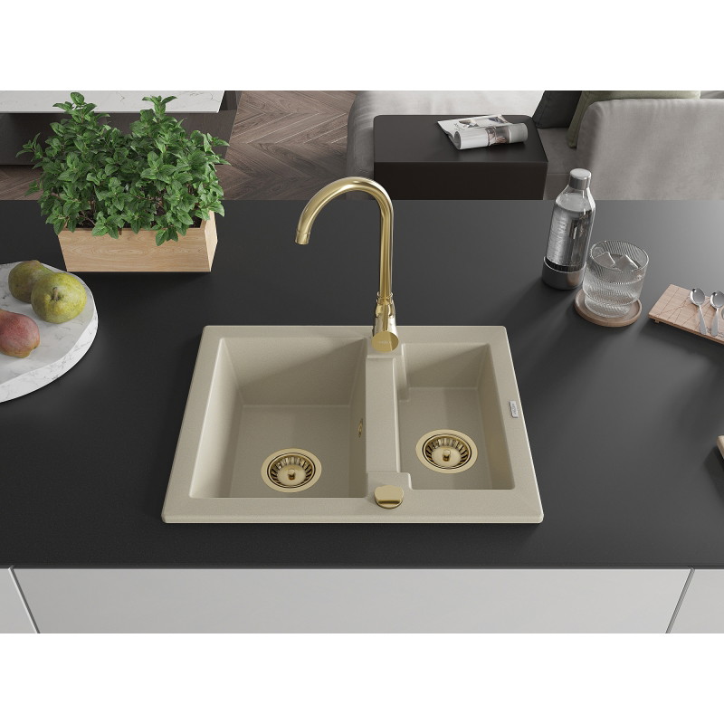 Mexen Carlos 1.5-bowl granite sink with Telma kitchen faucet, beige - 6518-69-670200-50