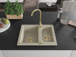 Mexen Carlos 1,5-compartment granite sink with a kitchen mixer tap Telma, Beige - 6518-69-670200-50