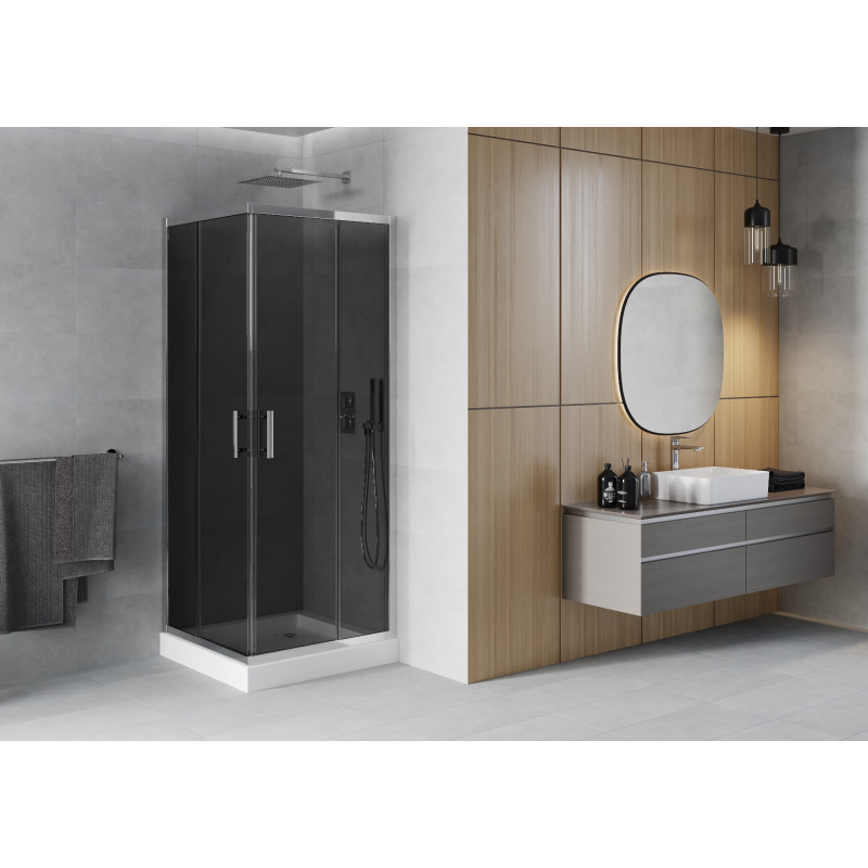 Mexen Rio 90 x 90 cm square shower cabin, graphite, chrome + tray, white - 860-090-090-01-40-4510