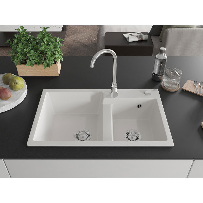 Mexen Tomas granite 2-bowl kitchen sink with Telma tap, white - 6516-20-670200-00