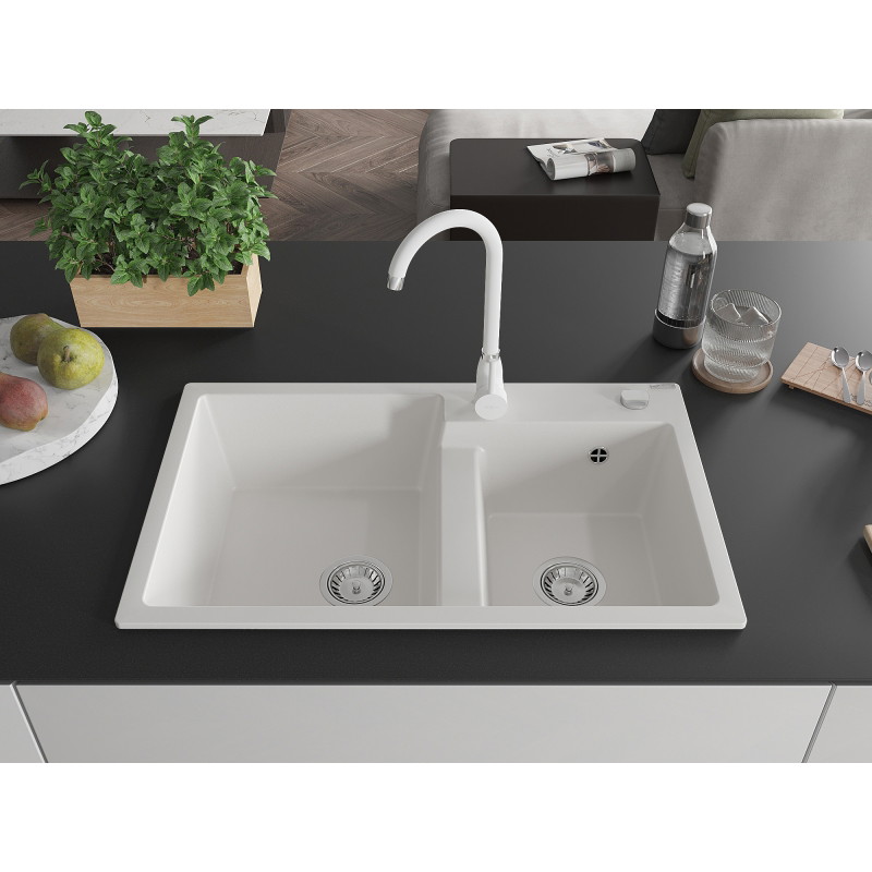 Mexen Tomas granite double-bowl kitchen sink with Telma faucet, white - 6516-20-670200-20