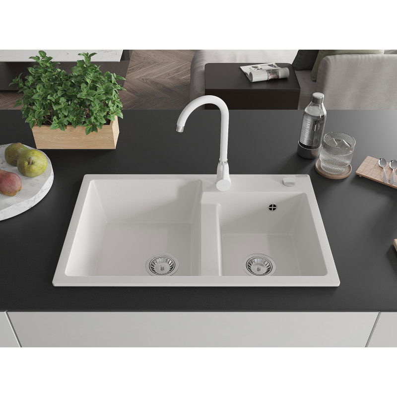 Mexen Tomas granite sink 2-chamber with Telma kitchen tap, white - 6516-20-670200-20