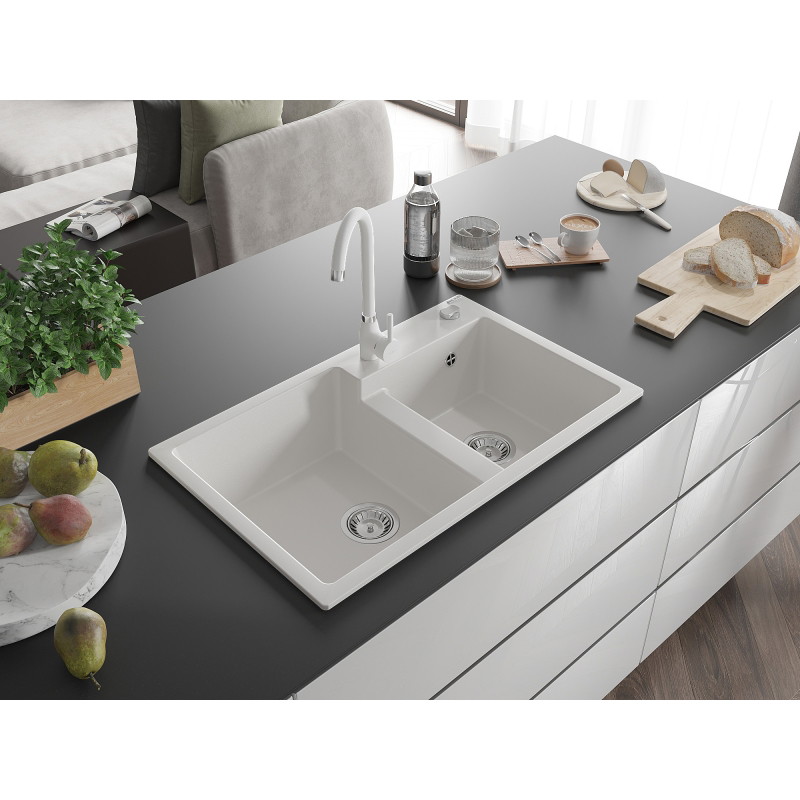 Mexen Tomas granite double-bowl kitchen sink with Telma faucet, white - 6516-20-670200-20