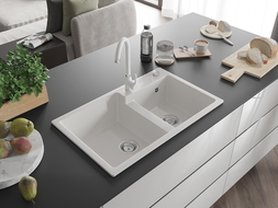 Mexen Tomas 2-compartment granite sink with a kitchen mixer tap Telma, White - 6516-20-670200-20
