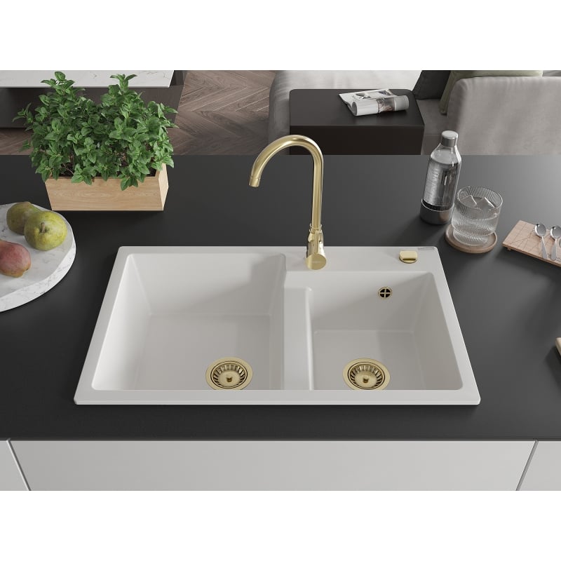 Mexen Tomas 2-bowl granite sink with Telma kitchen faucet, white - 6516-20-670200-50