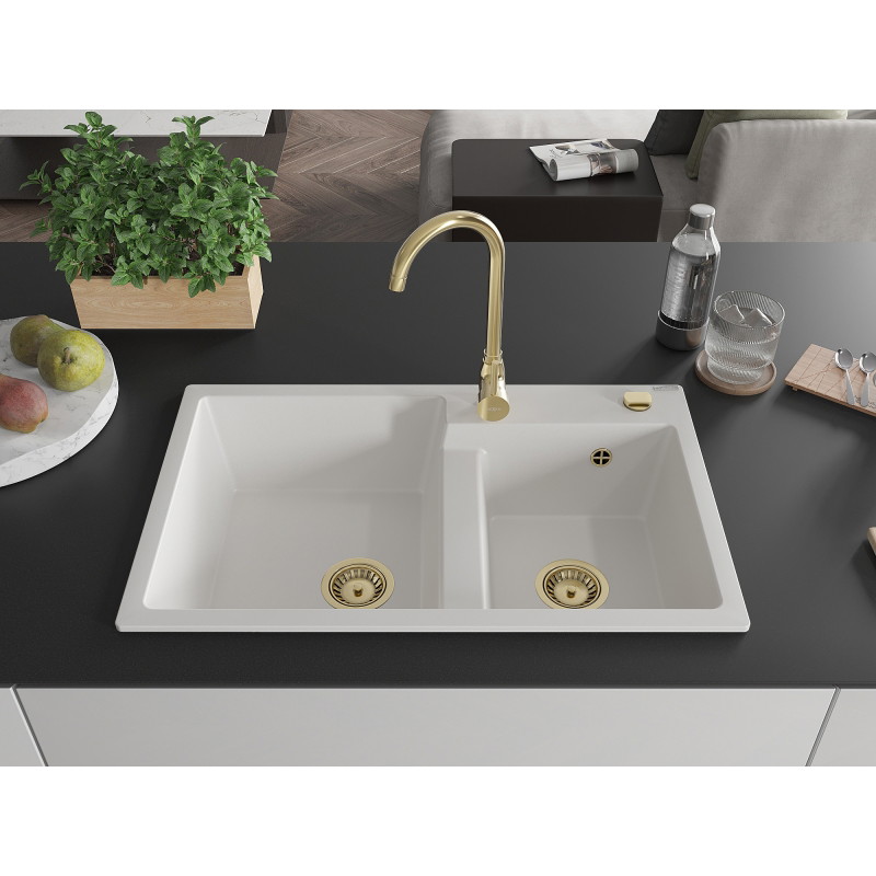 Mexen Tomas granite kitchen sink 2-chamber with Telma kitchen faucet, white - 6516-20-670200-50