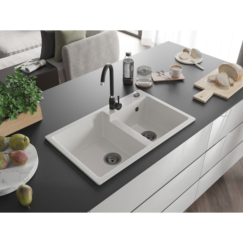 Mexen Tomas granite sink 2-bowl with Telma kitchen tap, white - 6516-20-670200-70