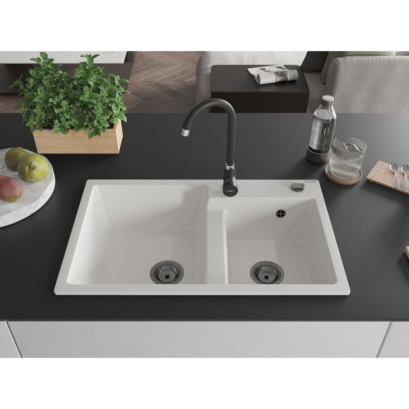 Mexen Tomas granite sink 2-bowl with Telma kitchen tap, white - 6516-20-670200-70