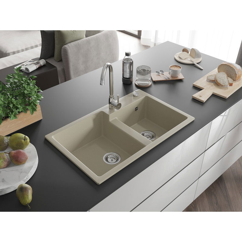 Mexen Tomas granite sink 2-bowl with Telma kitchen tap, beige - 6516-69-670200-00