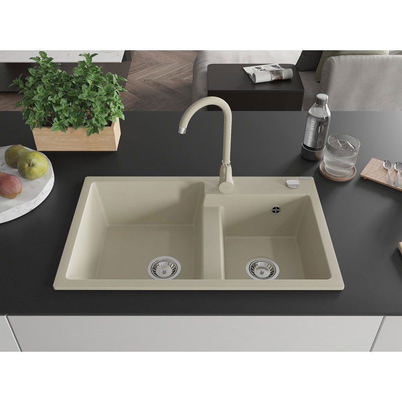 Mexen Tomas granite sink 2-bowl with Telma kitchen tap, beige - 6516-69-670200-69