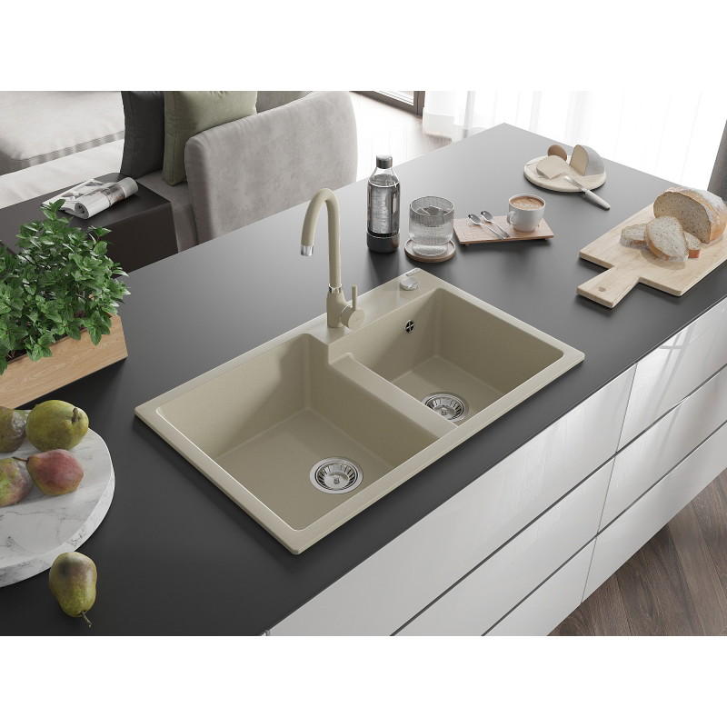 Mexen Tomas 2-bowl granite kitchen sink with Telma faucet, beige - 6516-69-670200-69