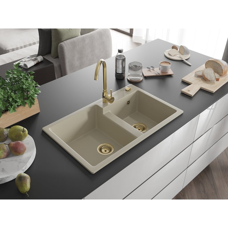 Mexen Tomas granit kitchen sink 2-bowl with Telma faucet, beige - 6516-69-670200-50