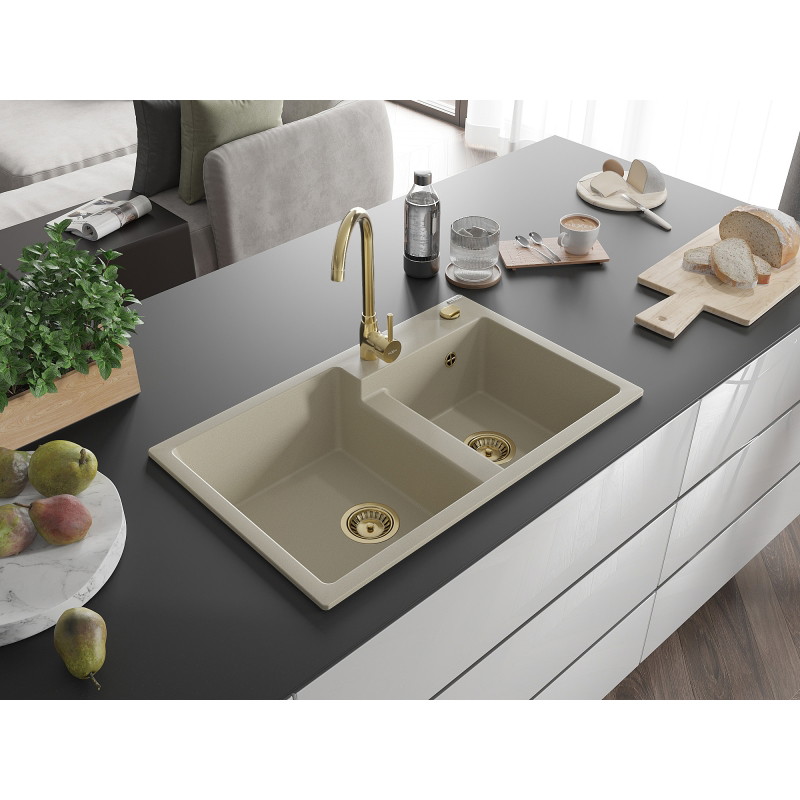 Mexen Tomas granite double-bowl sink with Telma kitchen faucet, beige - 6516-69-670200-50