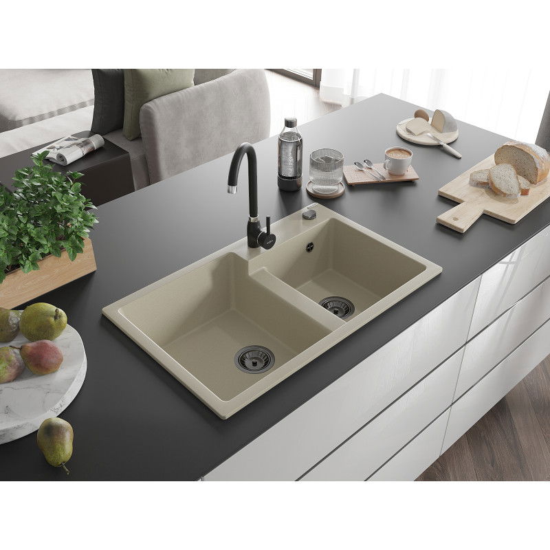 Mexen Tomas Granite 2-Bowl Sink with Telma Kitchen Tap, Beige - 6516-69-670200-70