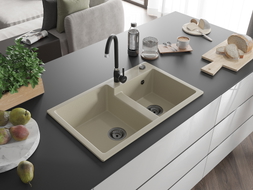 Mexen Tomas 2-bowl granite sink with Telma kitchen faucet, beige - 6516-69-670200-70