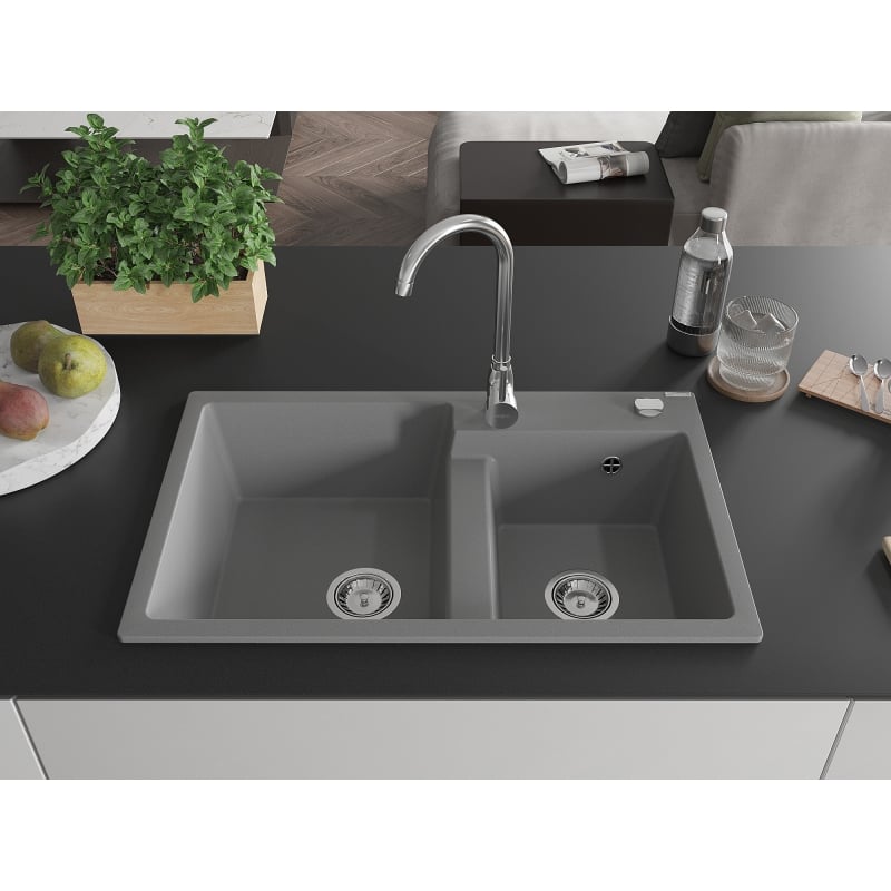 Mexen Tomas 2-bowl granite sink with Telma kitchen faucet, gray - 6516-71-670200-00