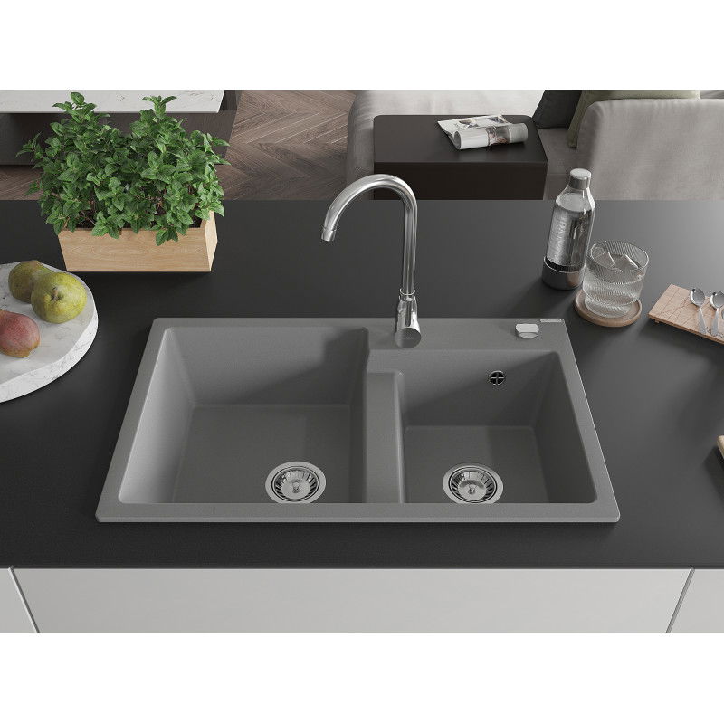 Mexen Tomas granite sink 2-bowl with Telma kitchen tap, grey - 6516-71-670200-00