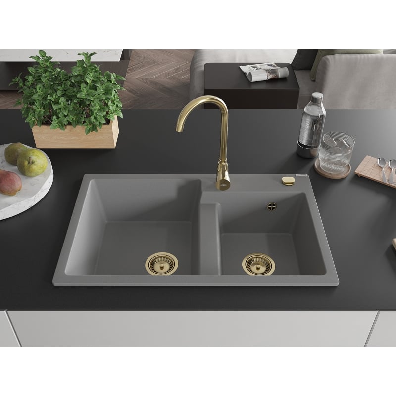 Mexen Tomas granite double-bowl kitchen sink with Telma faucet, gray - 6516-71-670200-50