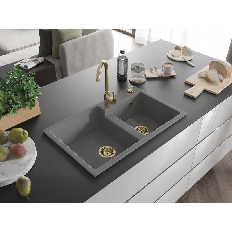 Mexen Tomas granite double-bowl kitchen sink with Telma faucet, gray - 6516-71-670200-50