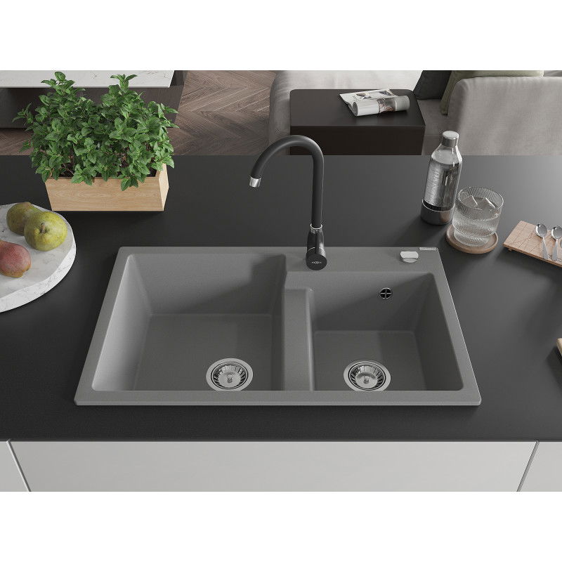 Mexen Tomas granite sink 2-bowl with Telma kitchen tap, grey - 6516-71-670200-70