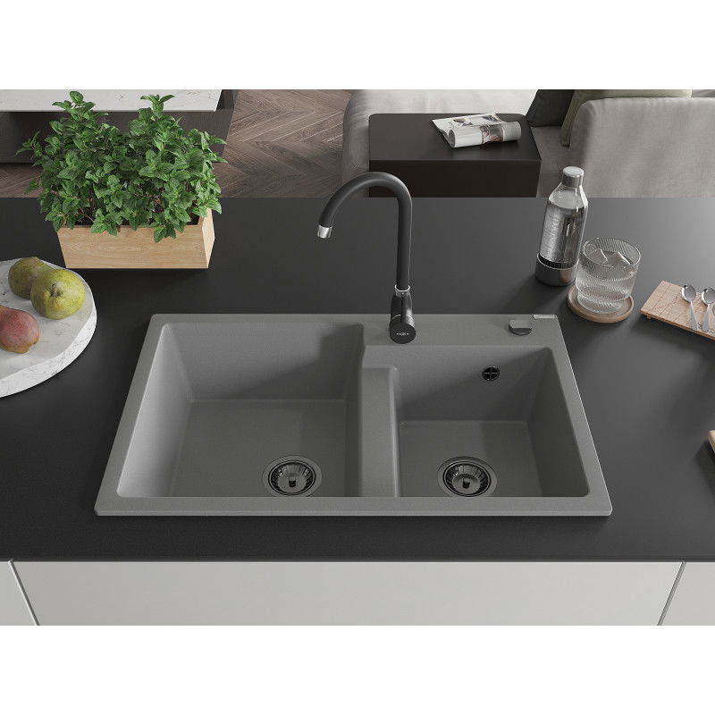 Mexen Tomas granite sink 2-bowl with Telma kitchen tap, grey - 6516-71-670200-70-B
