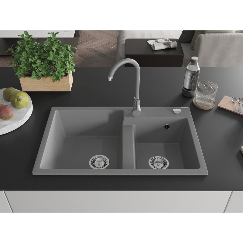 Mexen Tomas 2-chamber granite kitchen sink with Telma faucet, gray - 6516-71-670200-71