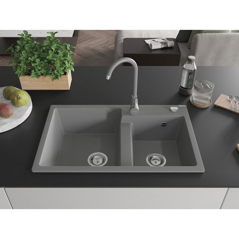 Mexen Tomas granite kitchen sink 2-bowl with Telma kitchen tap, grey - 6516-71-670200-71