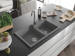 Mexen Tomas granite sink 2-compartment with Telma kitchen faucet, gray - 6516-71-670200-71