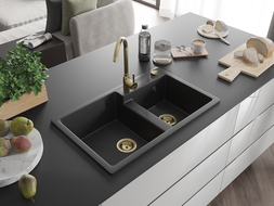 Mexen Tomas 2-bowl granite sink with Telma kitchen tap, black/silver metallic - 6516-73-670200-50