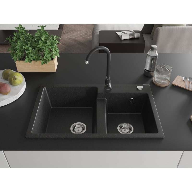 Mexen Tomas granite double-bowl sink with Telma kitchen faucet, black/silver metallic - 6516-73-670200-70