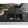 Mexen Tomas granite sink with 2 bowls and Telma kitchen tap, black/silver metallic - 6516-73-670200-70