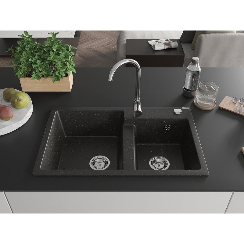 Mexen Tomas granite 2-bowl kitchen sink with Telma faucet, black/gold metallic - 6516-75-670200-00