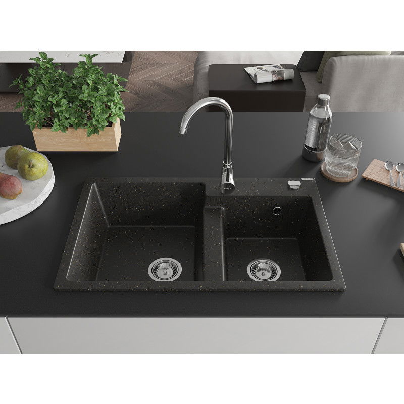Mexen Tomas granite kitchen sink 2-bowl with Telma kitchen tap, black/gold metallic - 6516-75-670200-00