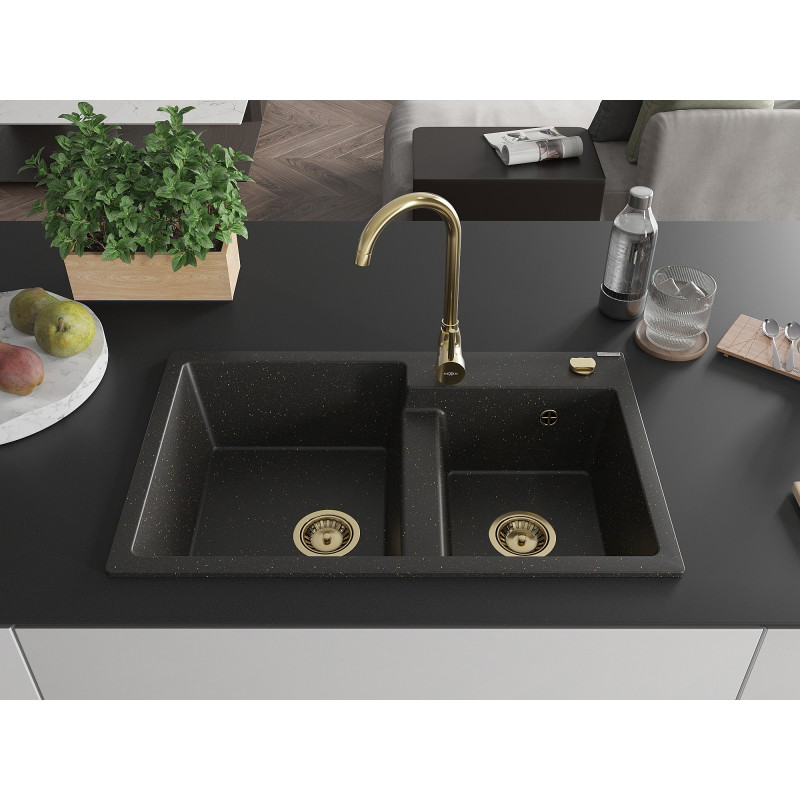 Mexen Tomas granite double-bowl sink with Telma kitchen faucet, black/golden metallic - 6516-75-670200-50