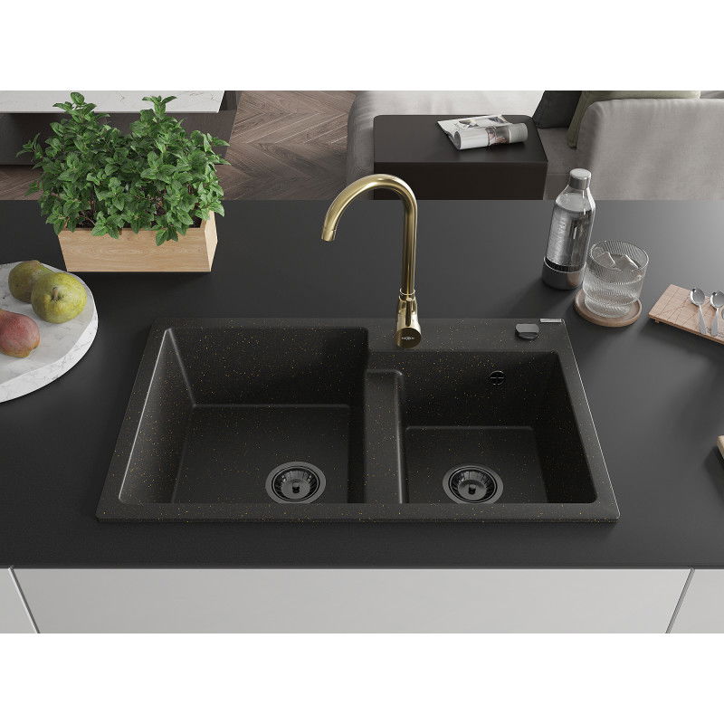 Mexen Tomas granite kitchen sink 2-chamber with Telma kitchen tap, black/gold metallic - 6516-75-670200-50-B
