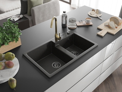 Mexen Tomas 2-compartment granite sink with a kitchen mixer tap Telma, Black/Gold metallic - 6516-75-670200-50-B
