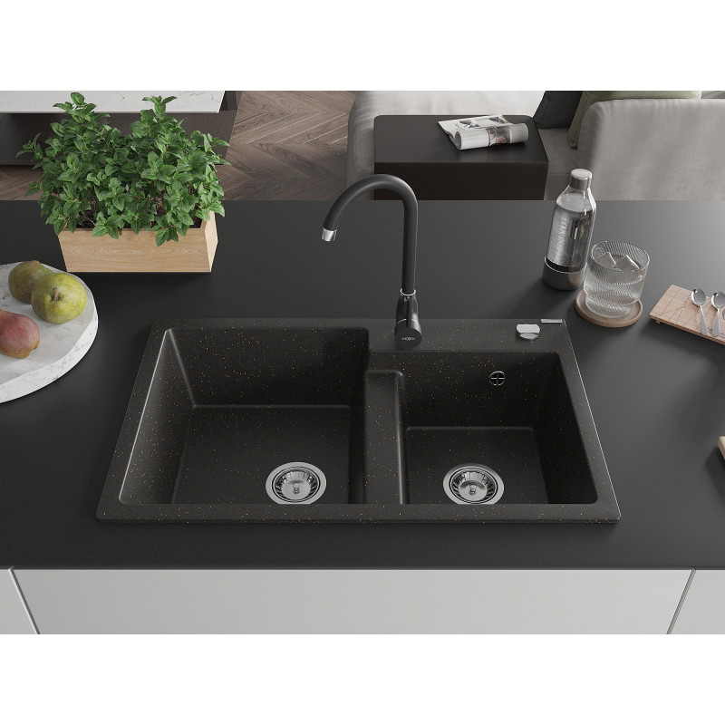 Mexen Tomas granite kitchen sink 2-bowl with Telma kitchen faucet, black/gold metallic - 6516-75-670200-70