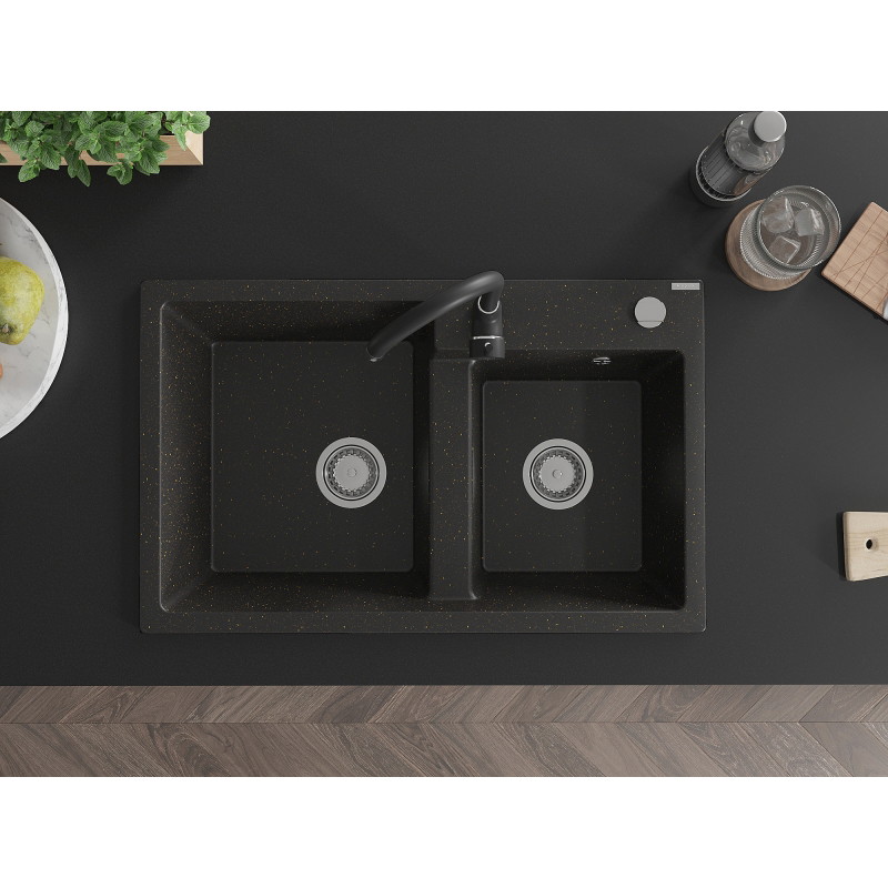 Mexen Tomas granite kitchen sink 2-bowl with Telma kitchen faucet, black/gold metallic - 6516-75-670200-70