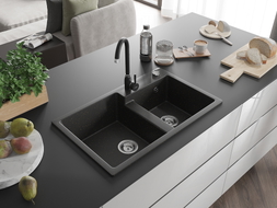 Mexen Tomas granite double-bowl sink with Telma kitchen faucet, black/gold metallic - 6516-75-670200-70