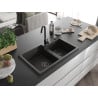 Mexen Tomas granite kitchen sink 2-bowl with Telma kitchen faucet, black/gold metallic - 6516-75-670200-70-B