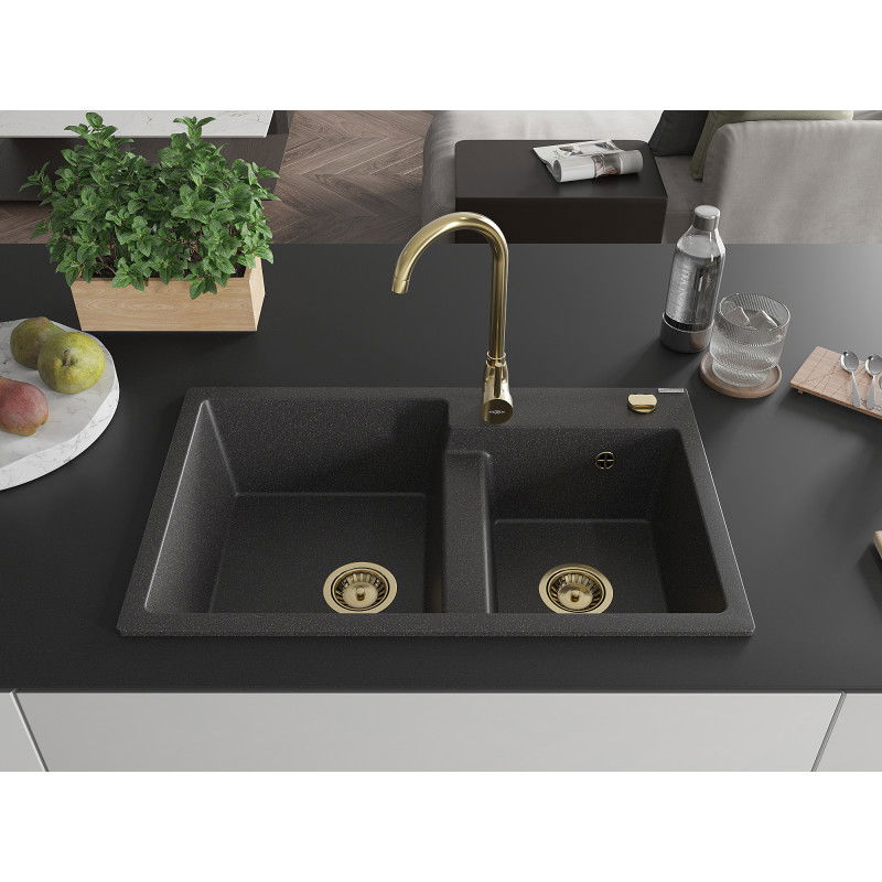 Mexen Tomas granite 2-bowl sink with Telma kitchen tap, black speckled - 6516-76-670200-50