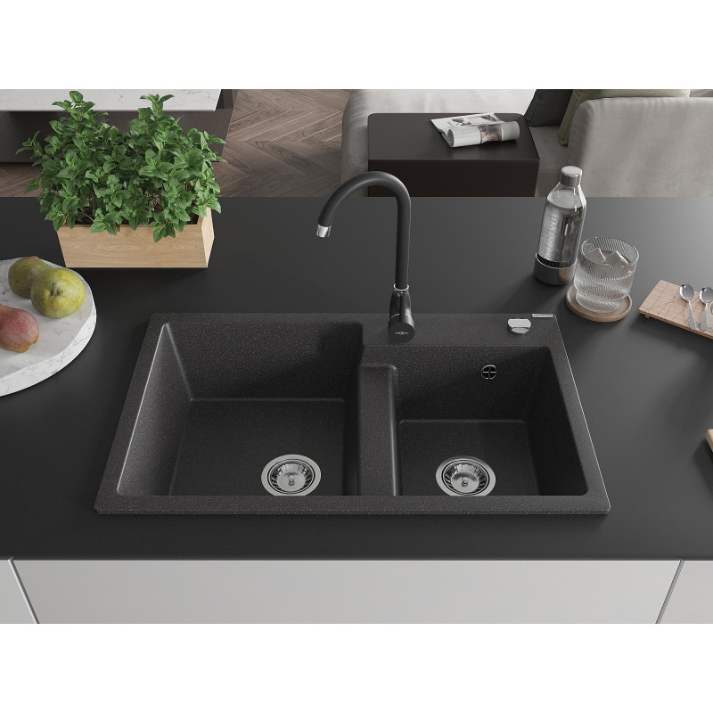 Mexen Tomas 2-bowl granite sink with Telma kitchen faucet, speckled black - 6516-76-670200-70