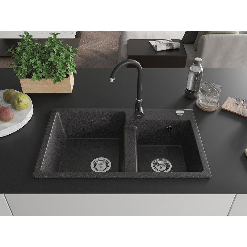 Mexen Tomas 2-bowl Granite Sink with Telma Kitchen Tap, Black Speckled - 6516-76-670200-70