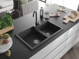 Mexen Tomas granite double-bowl sink with Telma kitchen faucet, black speckled - 6516-76-670200-76
