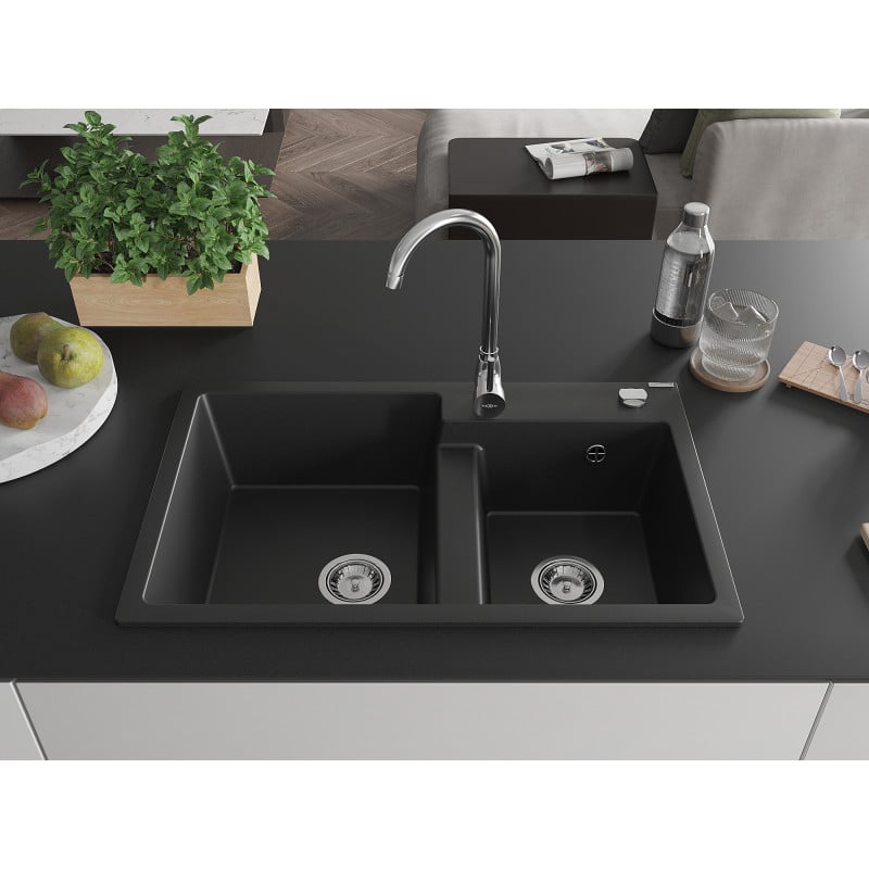 Mexen Tomas 2-bowl granite sink with Telma kitchen tap, black - 6516-77-670200-00