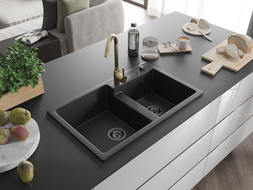 Mexen Tomas granite sink 2-bowl with Telma kitchen tap, black - 6516-77-670200-50-B
