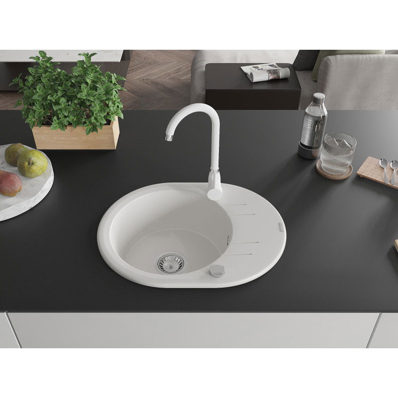 Mexen Kevin 1-bowl granite sink with drainer and Telma kitchen tap, white - 6517-20-670200-20