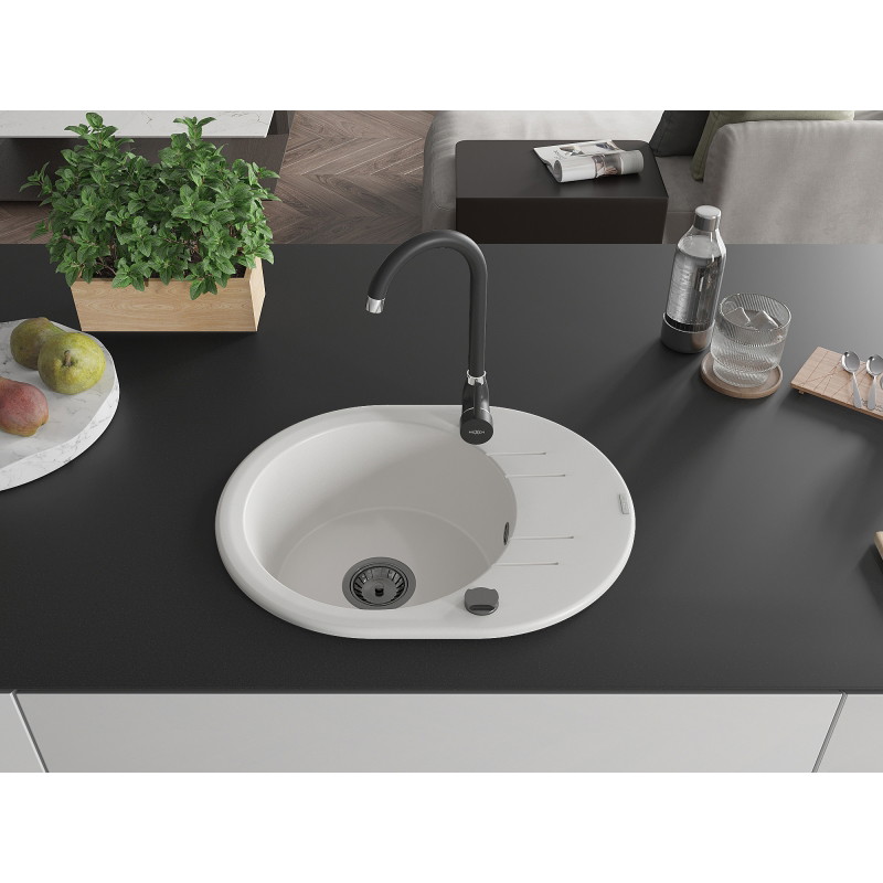 Mexen Kevin 1-bowl granite kitchen sink with drainer and Telma kitchen faucet, white - 6517-20-670200-70