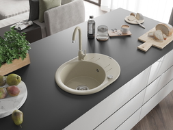 Mexen Kevin 1-compartment granite sink with a drip tray and kitchen mixer tap Telma, Beige - 6517-69-670200-69
