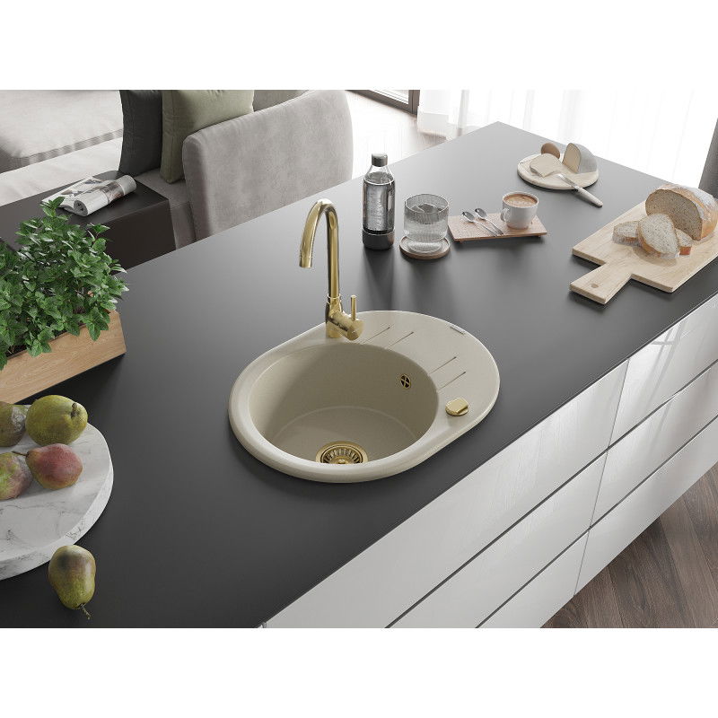 Mexen Kevin 1-bowl granite sink with drainer and Telma kitchen tap, beige - 6517-69-670200-50